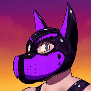 Cartoon of a person in a purple dog mask against a sunset background.